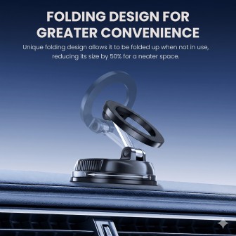 Foldable Magnetic Car Phone Mount Black Suction Cup Holder, MagSafe, Compact
