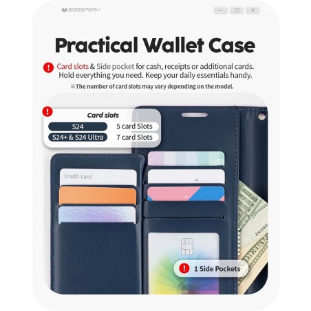 Samsung Galaxy S24 Leather Wallet Flip Diary Case Cover - Navy