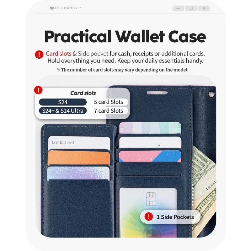 Samsung Galaxy S24 Ultra Leather Wallet Flip Diary Case Cover - Navy