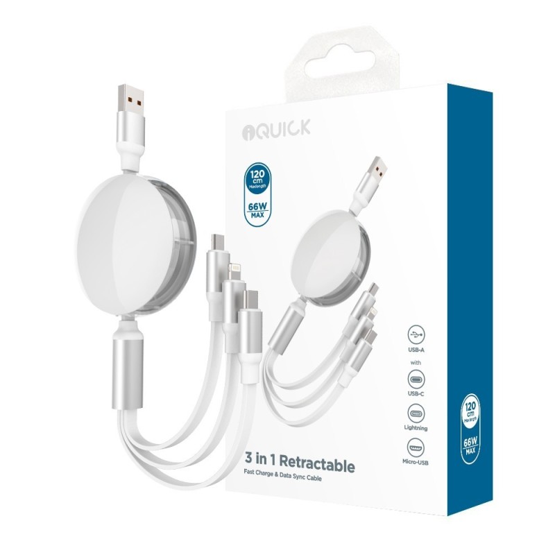 Premium 3 in 1 Retractable Fast Charge & Data Sync Cable IQTC2301