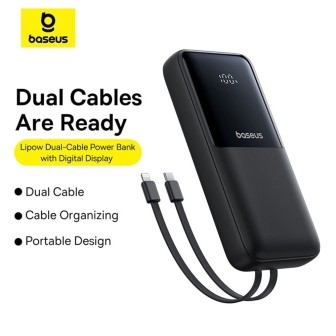 Premium Lipow Dual-Cable Power Bank with Digital Display 20000mAh 22.5W - Black