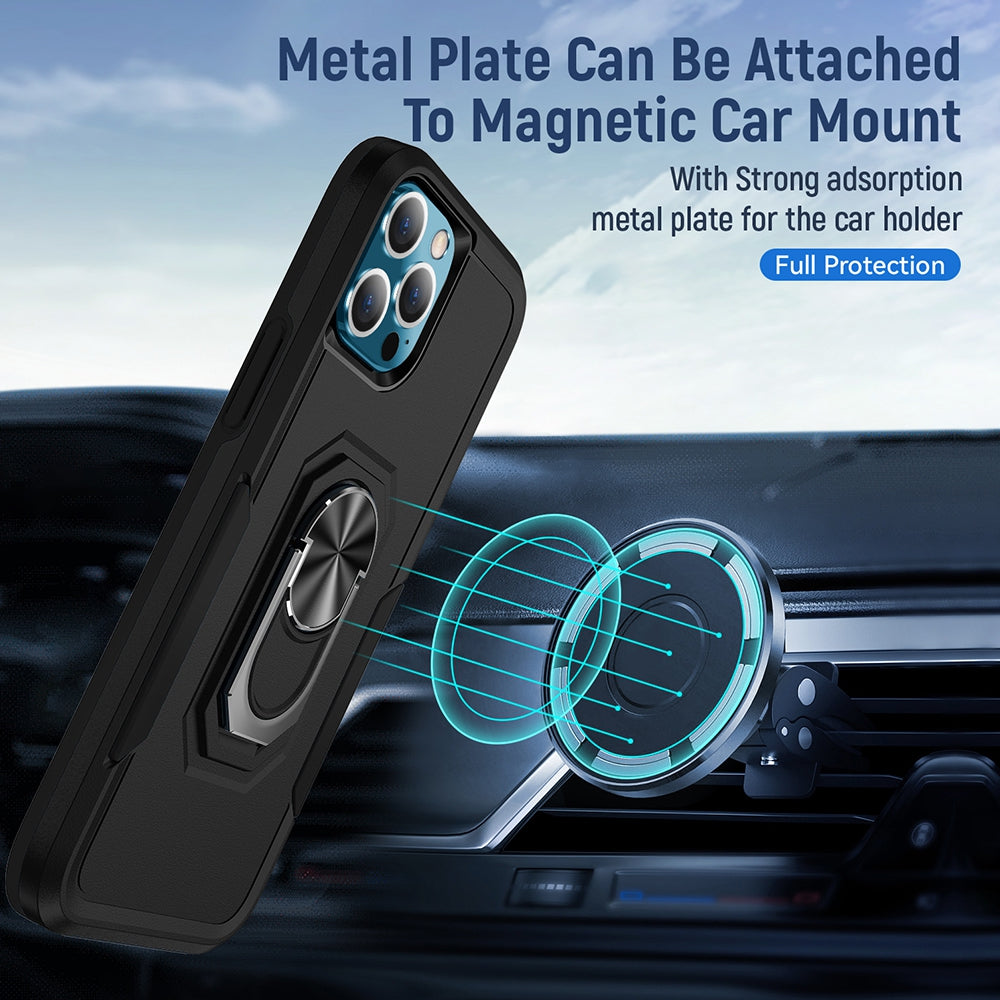 Dual Layer Shockproof Case Cover With Metal Ring Holder for iPhone 13 Pro - Black