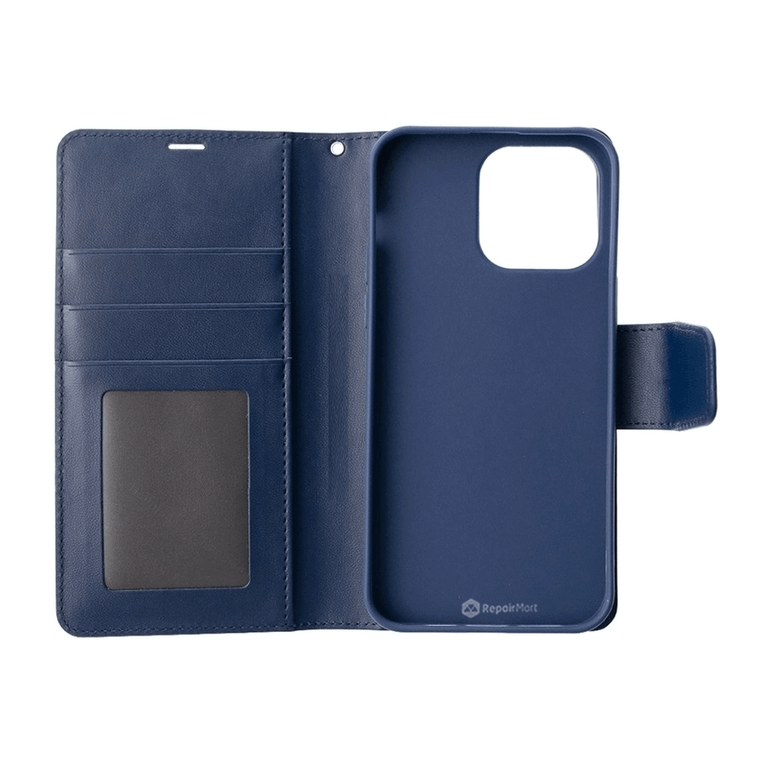 iPhone 14 Pro Max Compatible Case Cover With PU Flip Leather Wallet - Navy