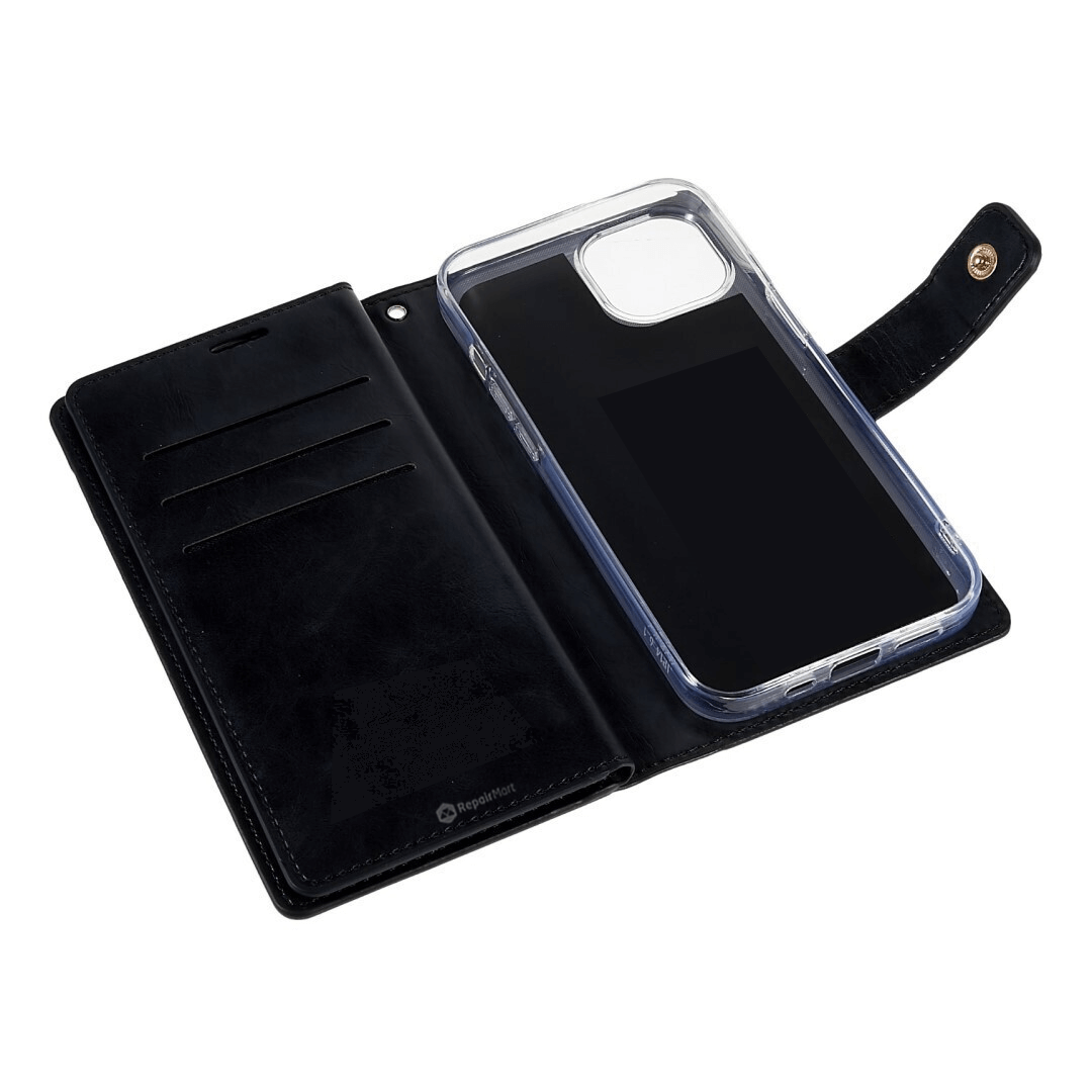 iPhone 15 Plus Flip Wallet Case Cover with Metal Snap-On Fastener - PU Leather & TPU Featuring Front Cover, Multiple Card Holder Slots & Shock Resistance - Navy