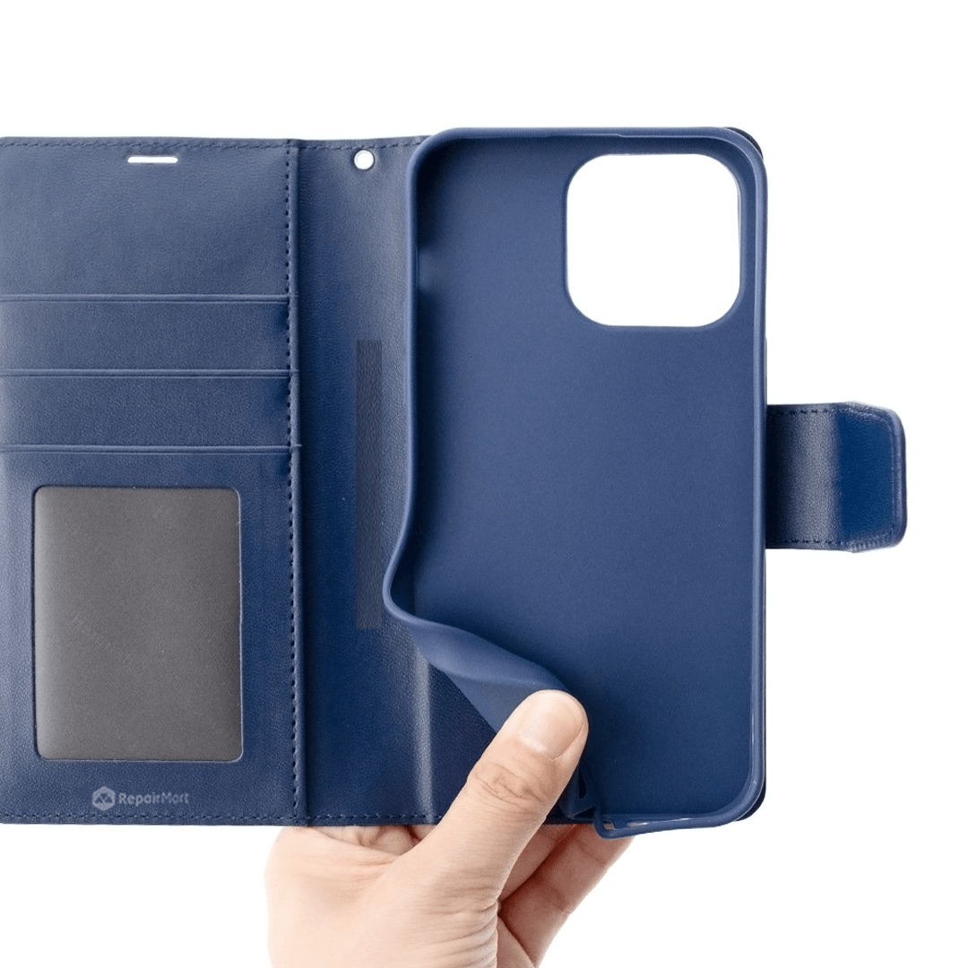 iPhone 16 Compatible Case Cover With PU Flip Leather Wallet - Navy