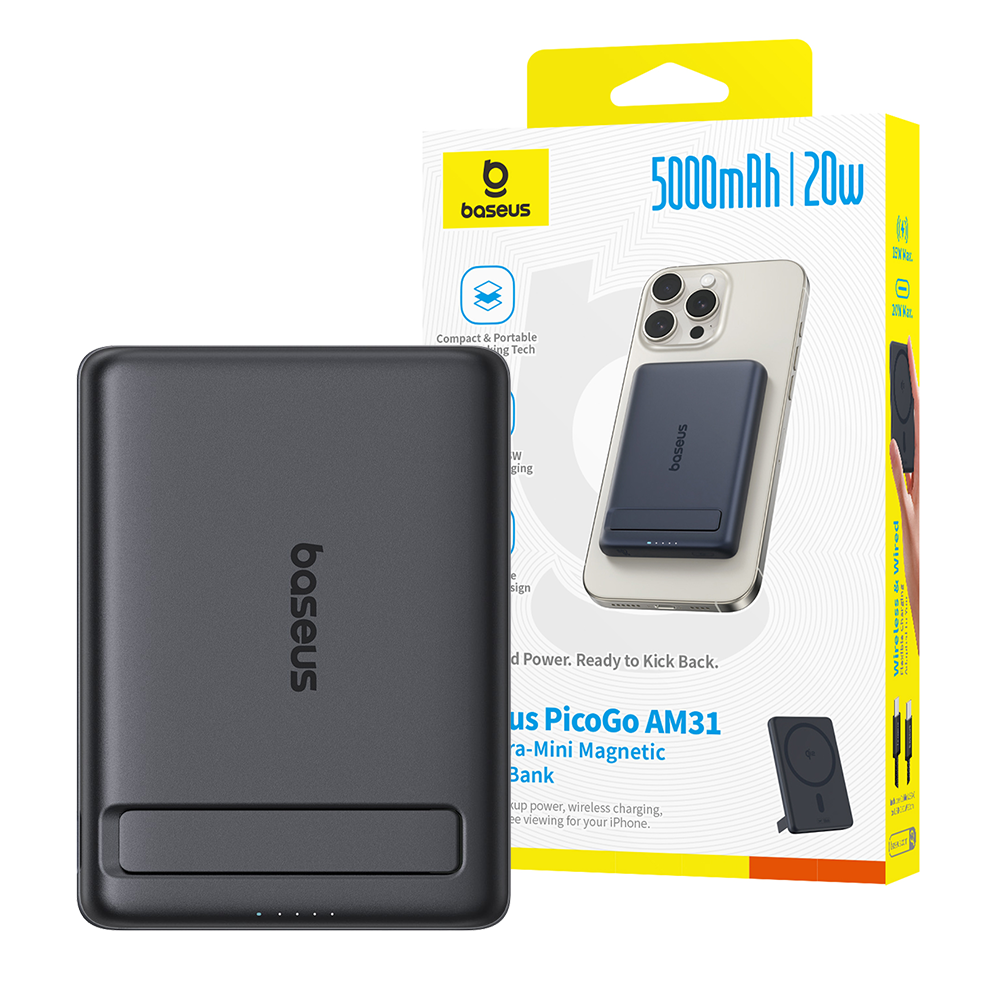 PicoGo AM31 Qi2 Ultra-Mini Magnetic Power Bank with Kickstand 5000mAh 20W