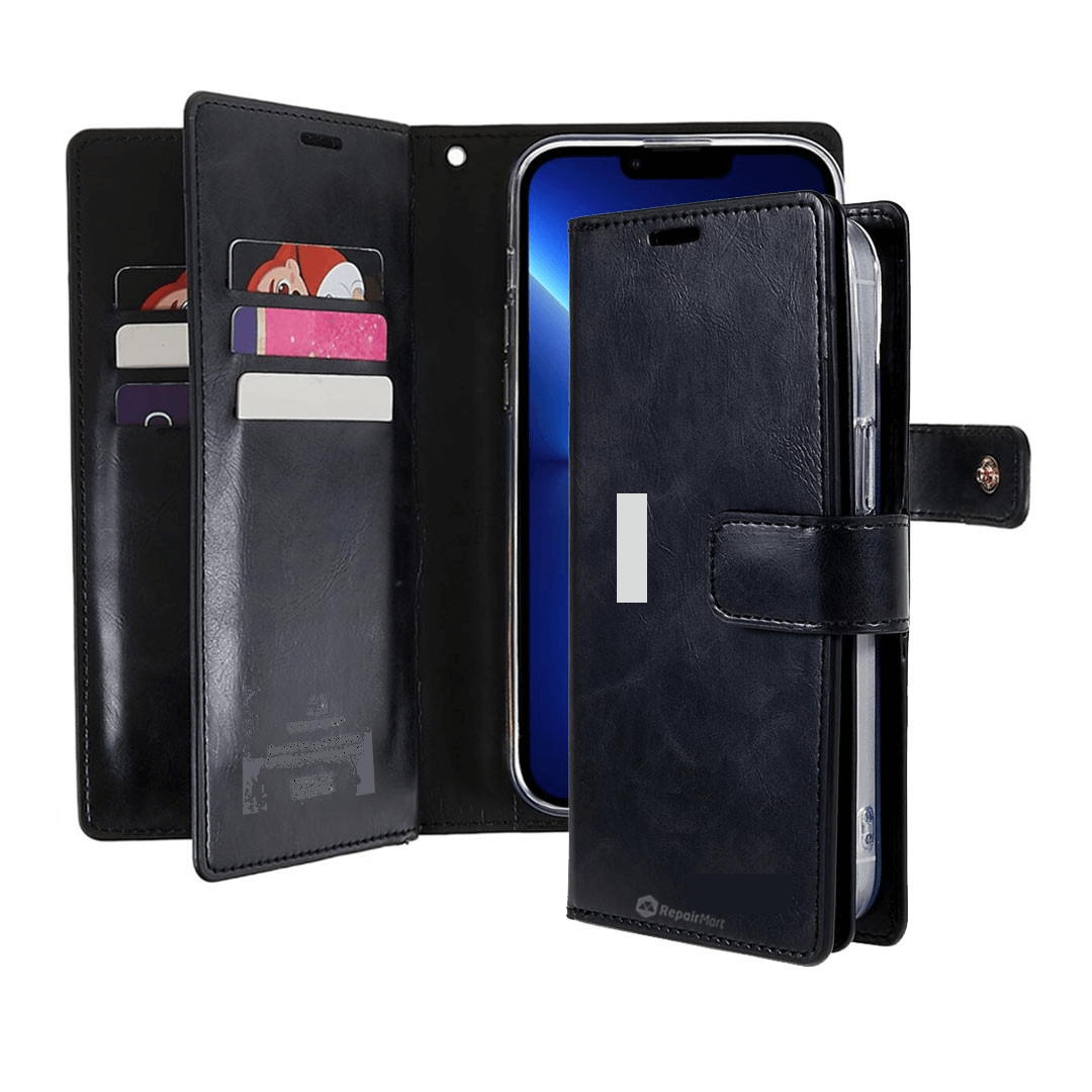 iPhone 16 Pro Max Flip Wallet Case Cover with Metal Snap-On Fastener: PU Leather & TPU Featuring Front Cover, Multiple Card Holder Slots & Shock Resistance - Black