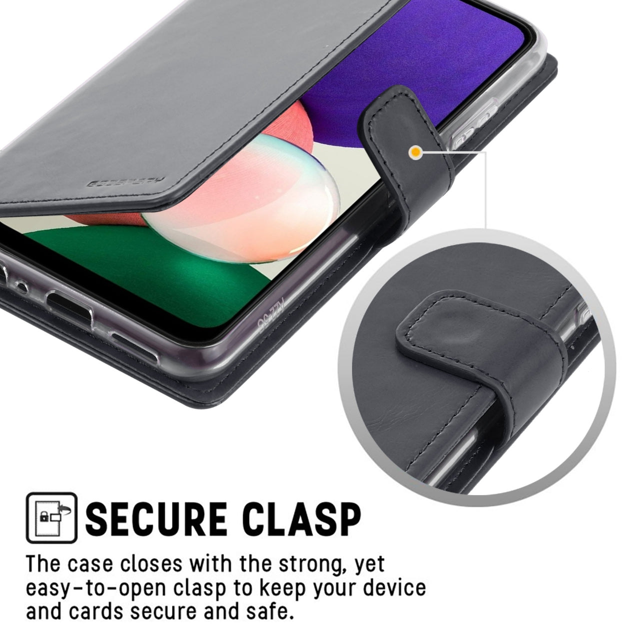 Samsung Galaxy A22 Leather Wallet Flip Case Cover - Black