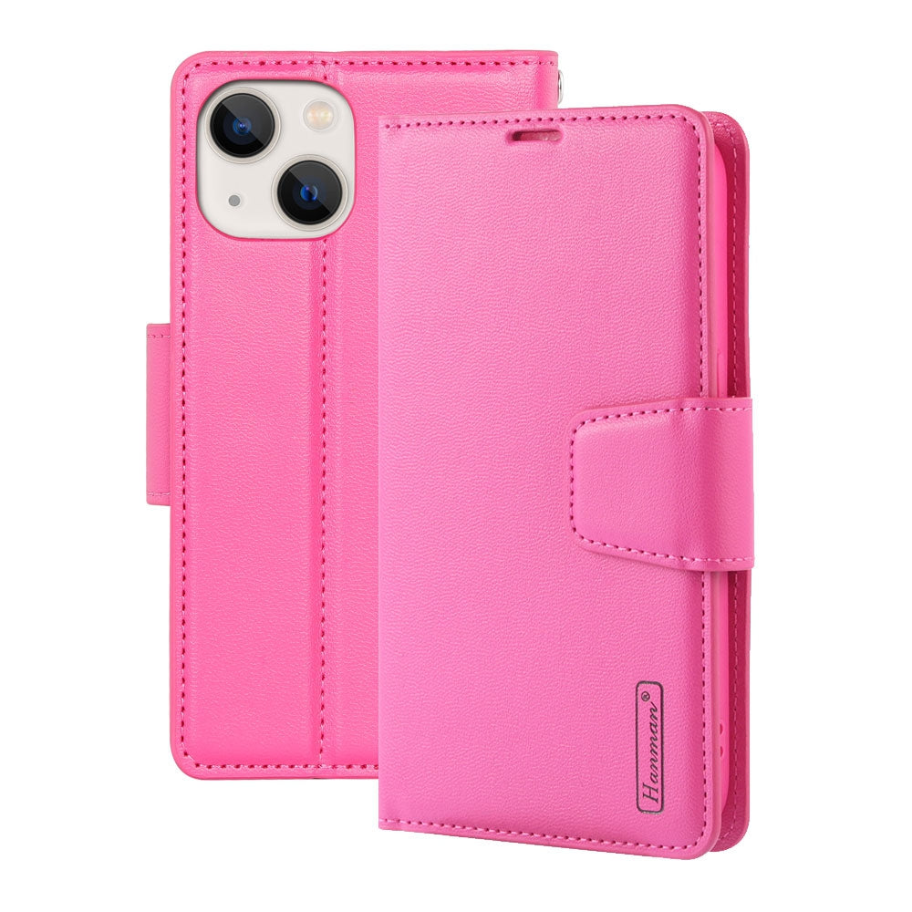 Hanman PU Flip Leather Wallet Cover Case for iPhone 15 Plus - Black