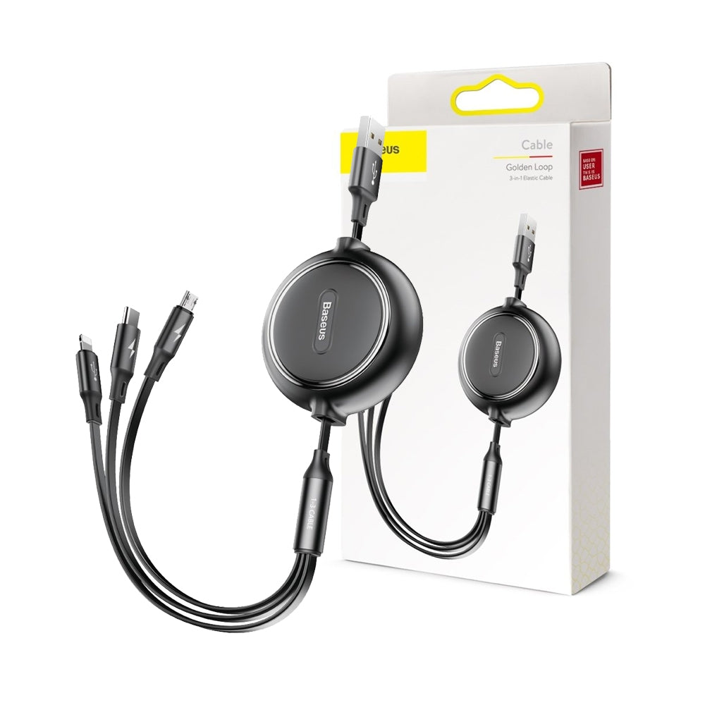 Golden Loop Retractable 3 in 1 USB Cable 3.5A (35cm-120cm) (CAMLT-JH01) - Black