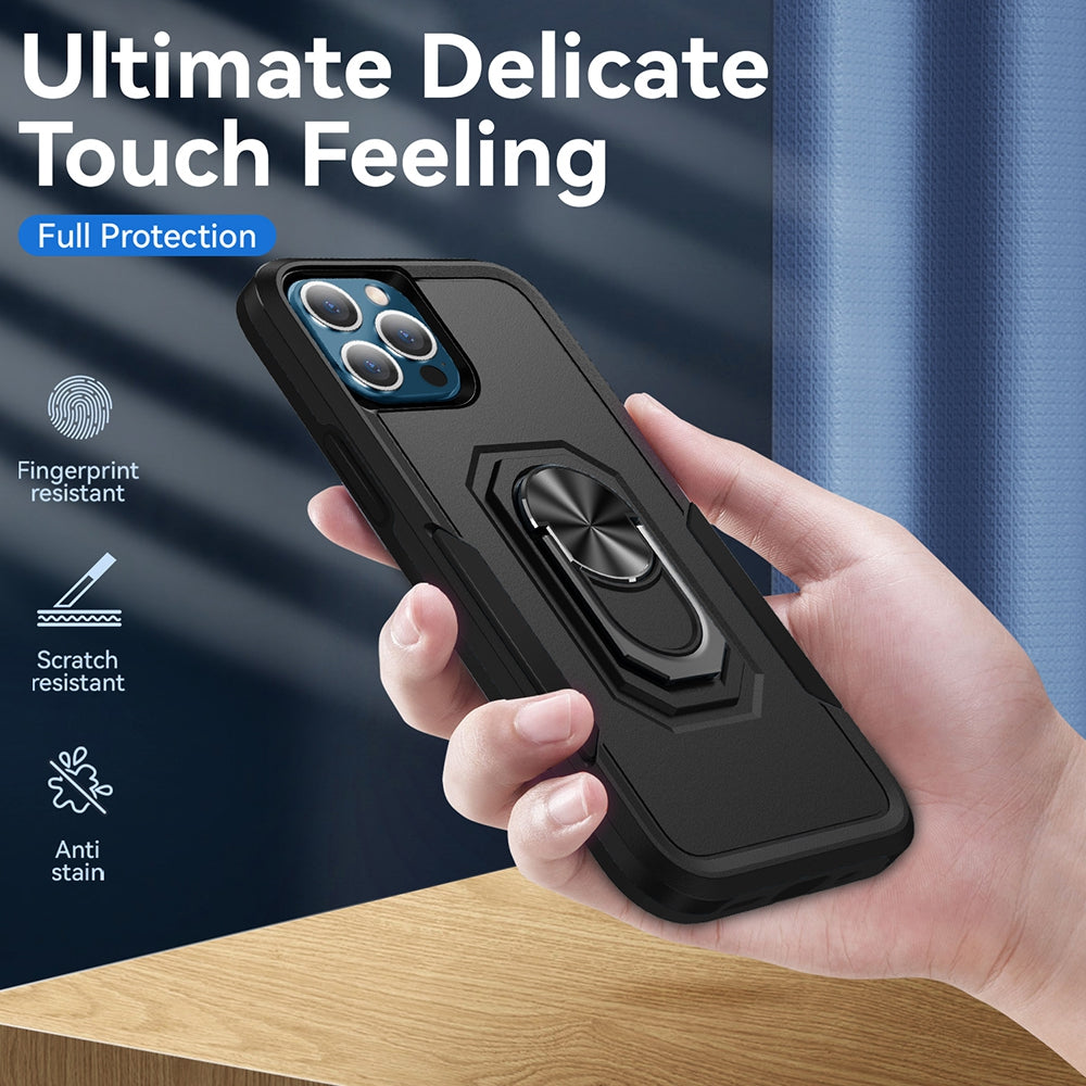 Dual Layer Shockproof Case Cover With Metal Ring Holder for iPhone 13 Pro - Black