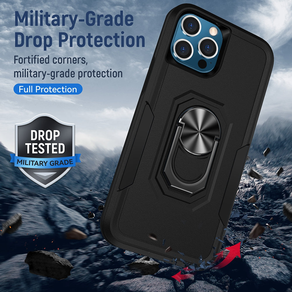 Dual Layer Shockproof Case Cover With Metal Ring Holder for iPhone 13 Pro - Black