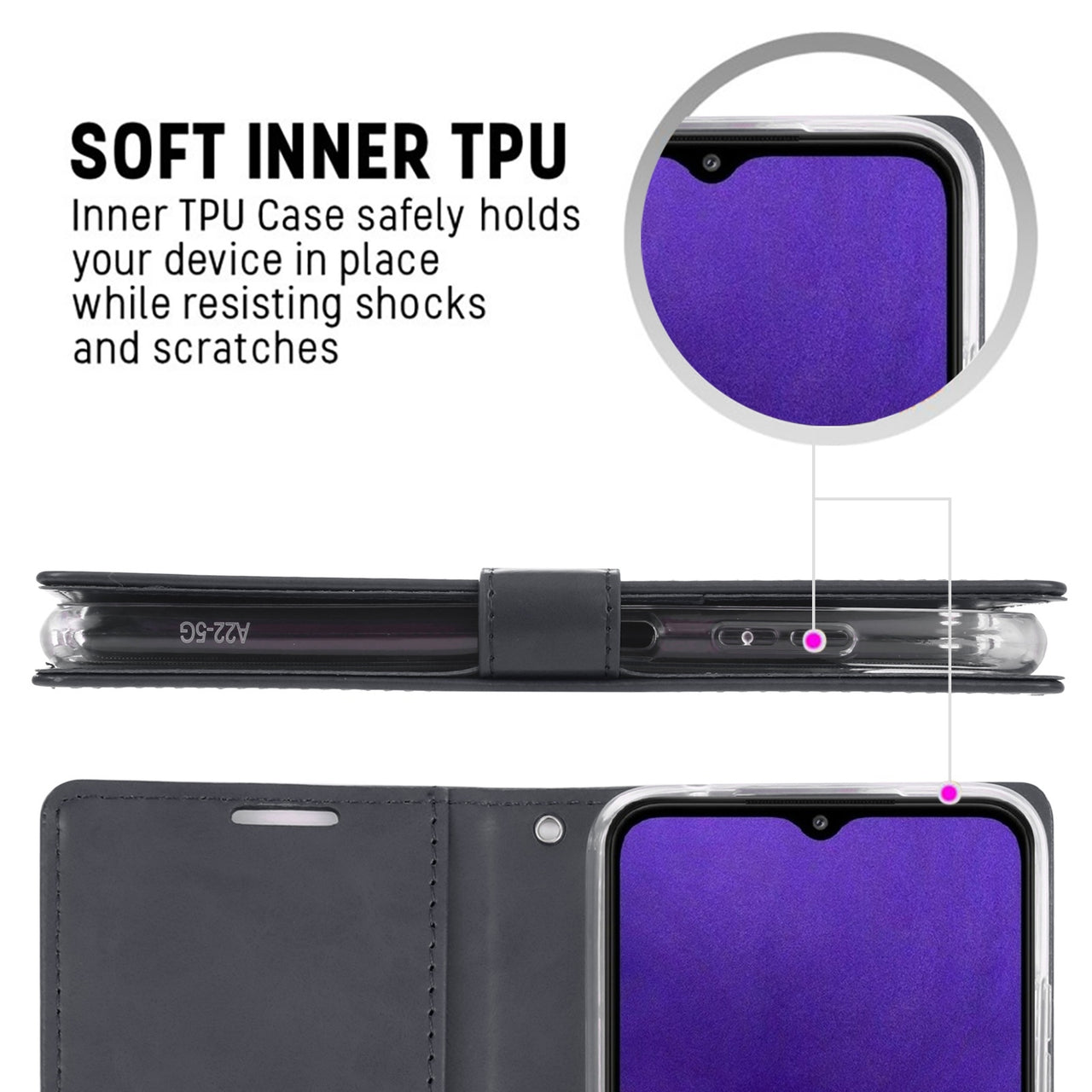 Samsung Galaxy A22 Leather Wallet Flip Case Cover - Black