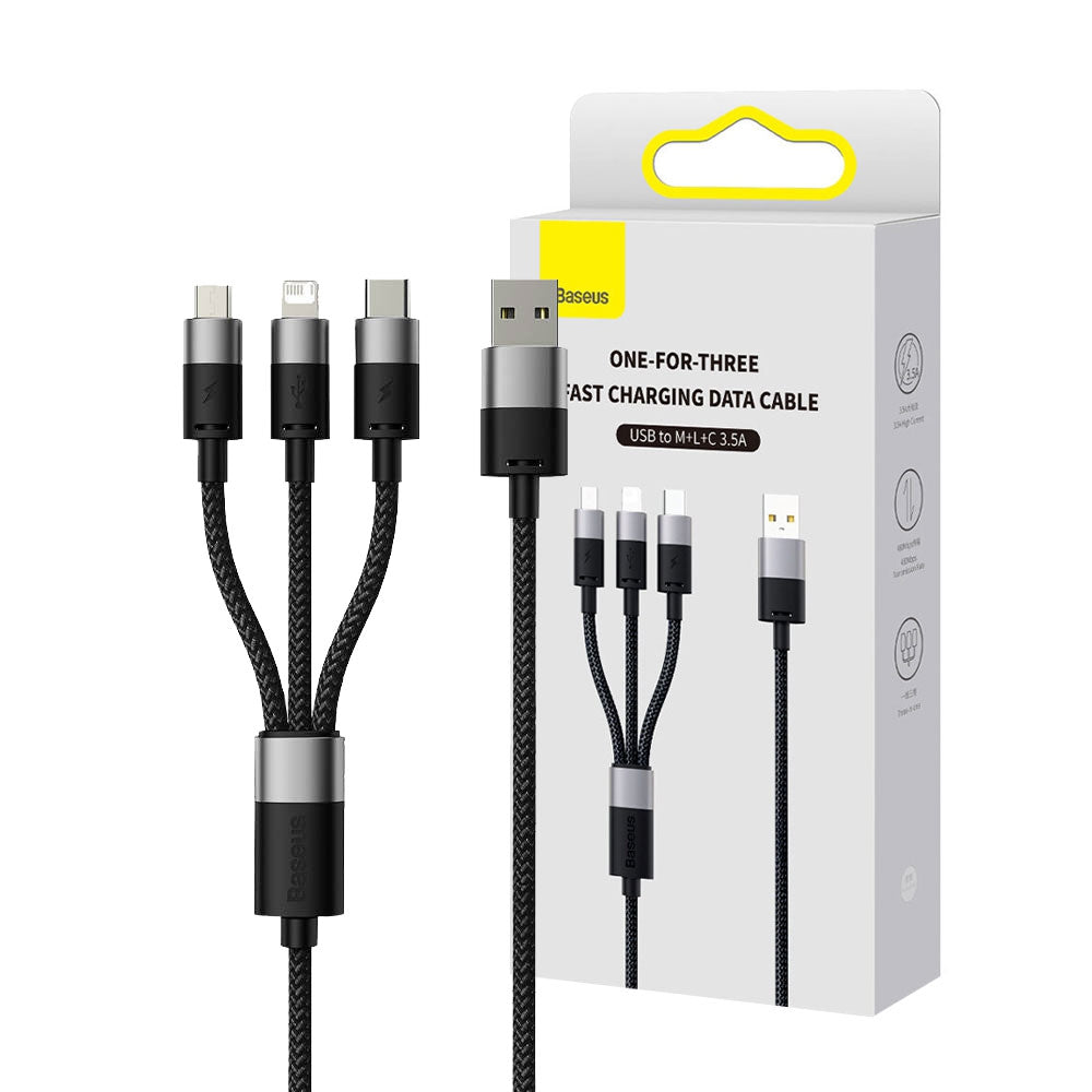 One Drag Three Fast Charge Data Cable USB To M+L+C 3.5A 1.2m - Black