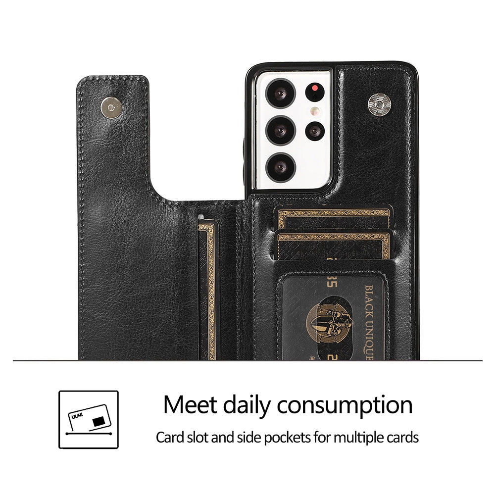 Samsung Galaxy S21 Ultra Leather Wallet Flip Case Cover - Black