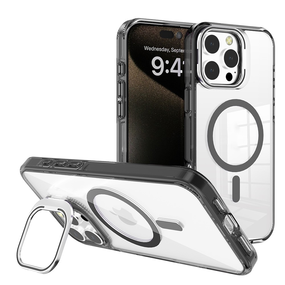 iPhone 16 Pro Lens Flip Stand Case Cover: Transparent, Magsafe Compatible, Durable Design - Black