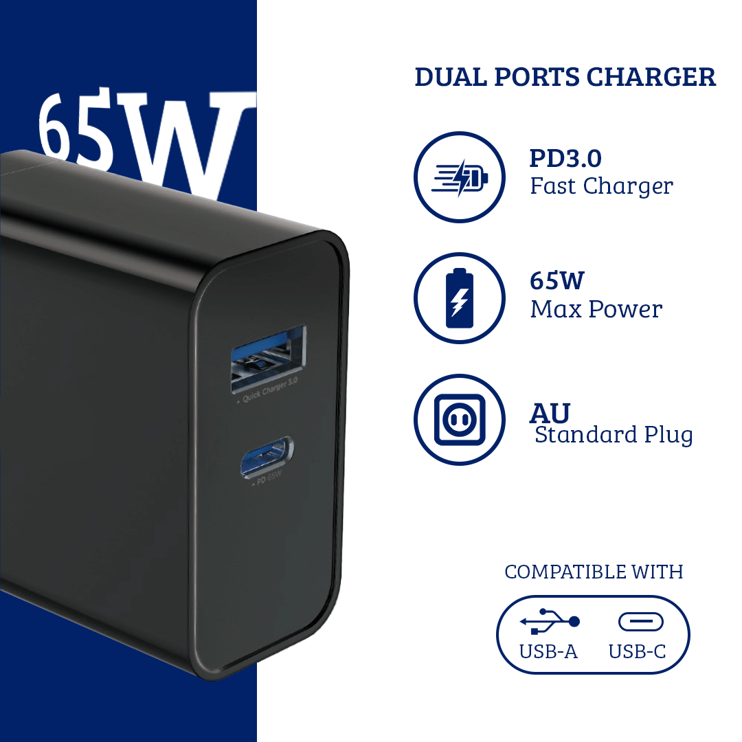 65W PD3.0+QC3.0 Fast Charging Adapter: Power Up Your Devices Faster - Black