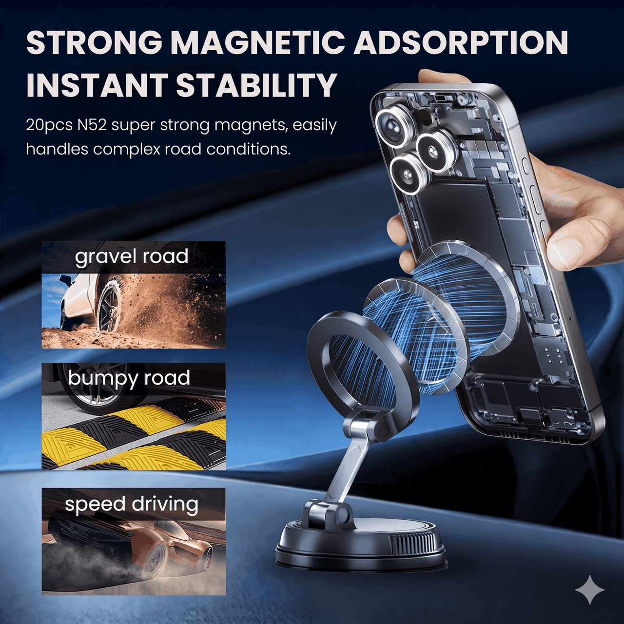 Foldable Magnetic Car Phone Mount Black — Suction Cup Holder, MagSafe Compatible, Compact Travel | Australian Stock
