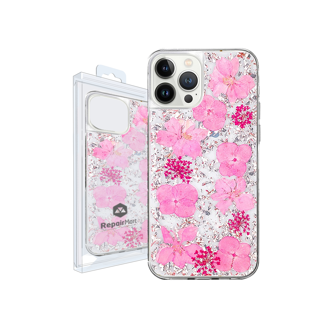 iPhone 14 Plus Compatible Case Cover With Gold Foil And Dried Flower Clear Designed - Gold + Pink