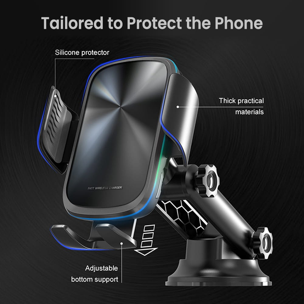15W Wireless Charging Car Phone Mount Black — Fast Qi Charger, Auto-Clamp Holder, Ambient Light | Australian Stock