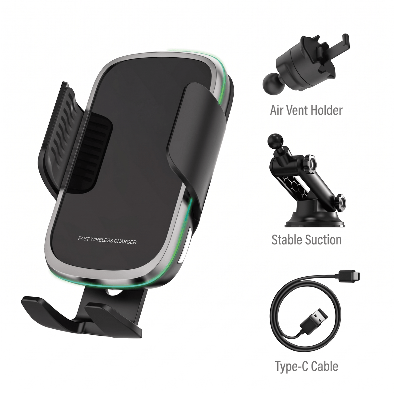 15W Wireless Charging Car Phone Mount Black — Fast Qi Charger, Auto-Clamp Holder, Ambient Light | Australian Stock