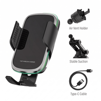 Thumbnail for 15W Wireless Charging Car Phone Mount Black — Fast Qi Charger, Auto-Clamp Holder, Ambient Light | Australian Stock