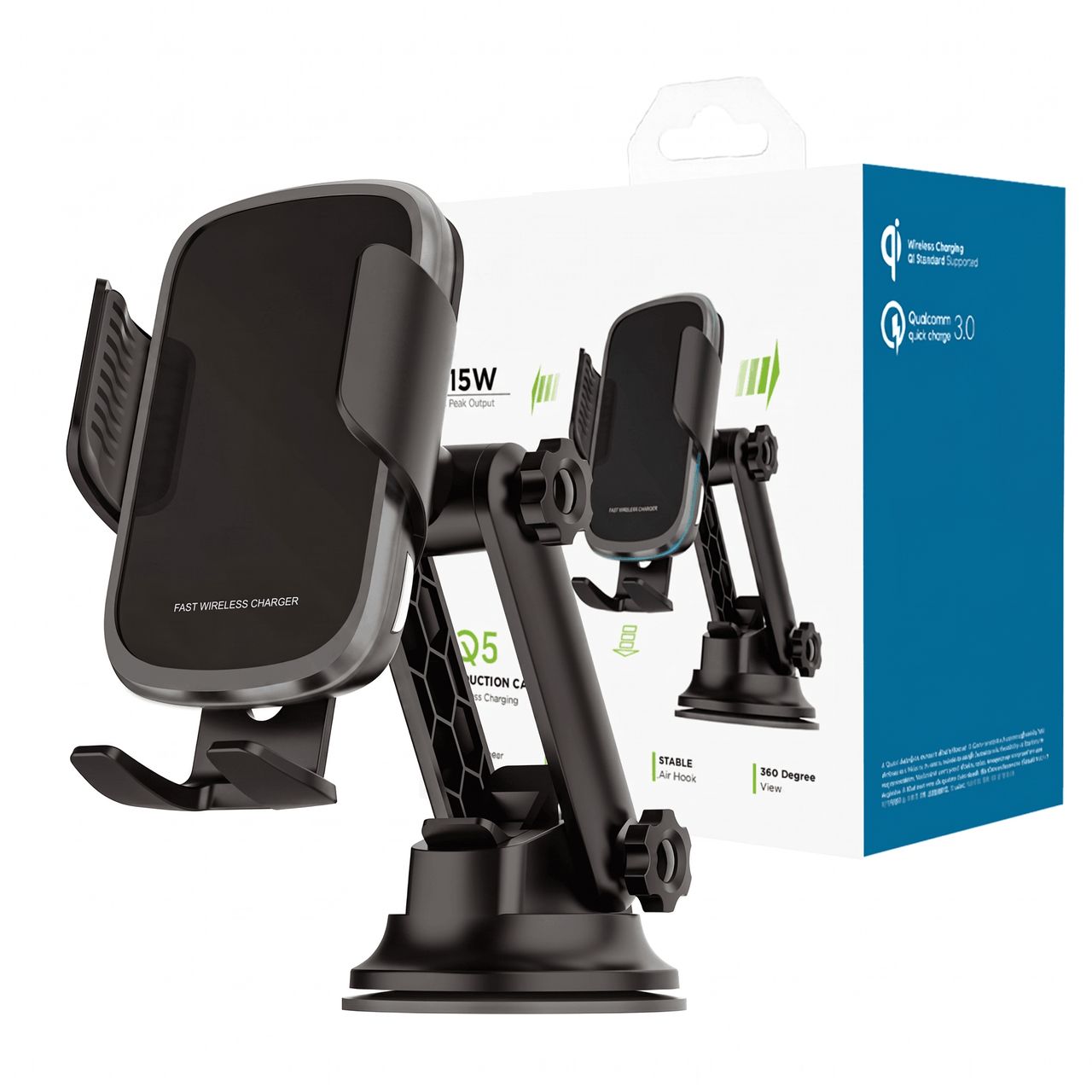 15W Wireless Charging Car Phone Mount Black — Fast Qi Charger, Auto-Clamp Holder, Ambient Light | Australian Stock