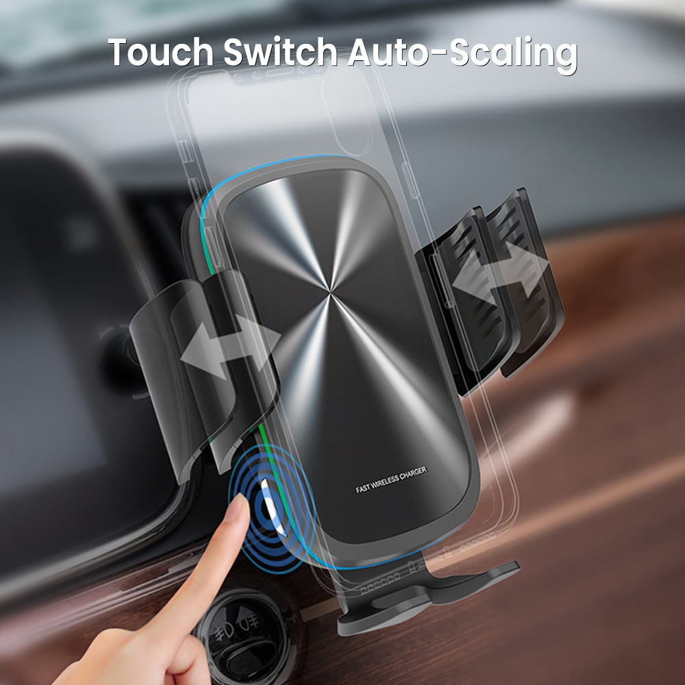 15W Wireless Charging Car Phone Mount Black — Fast Qi Charger, Auto-Clamp Holder, Ambient Light | Australian Stock