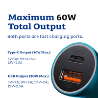 Thumbnail for Dual Fast Charger Car Charger U+C 60W: Supercharge Your Car Charging- Blue