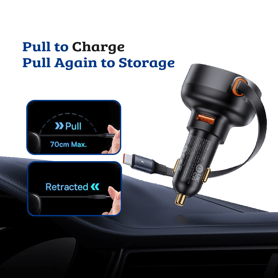 Baseus Enjoyment Pro Car Charger U+Retractable Type-C Cable 60W-Cluster Black: Charge On-the-Go with Versatile Power