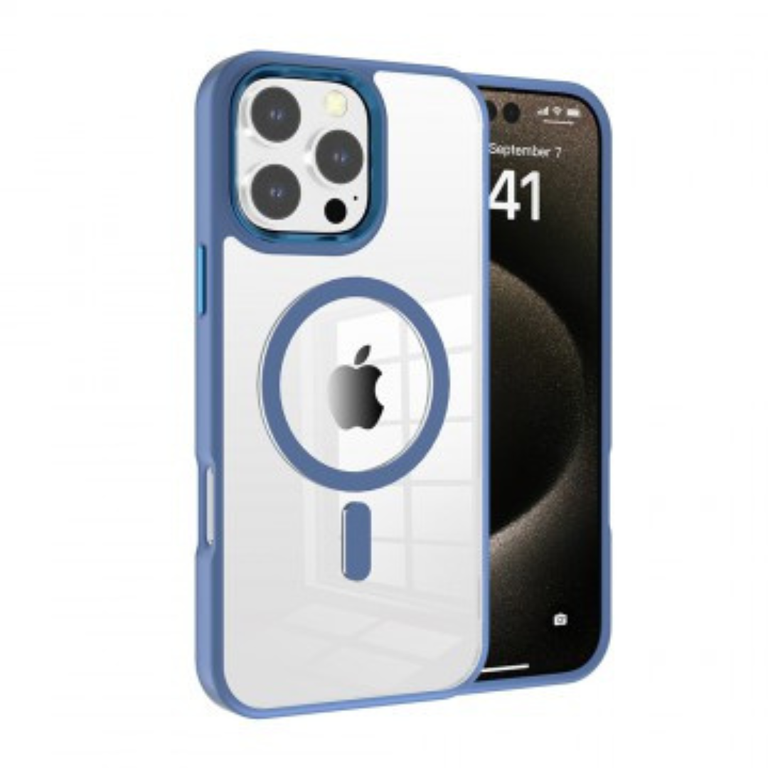 iPhone 16 Pro Max Clear Hard Case Cover with Metal Camera Lens: Magnetic Design, MagSafe Compatibility, Enhanced Camera &amp; Screen Guard, Anti-Scratch Protection - Blue