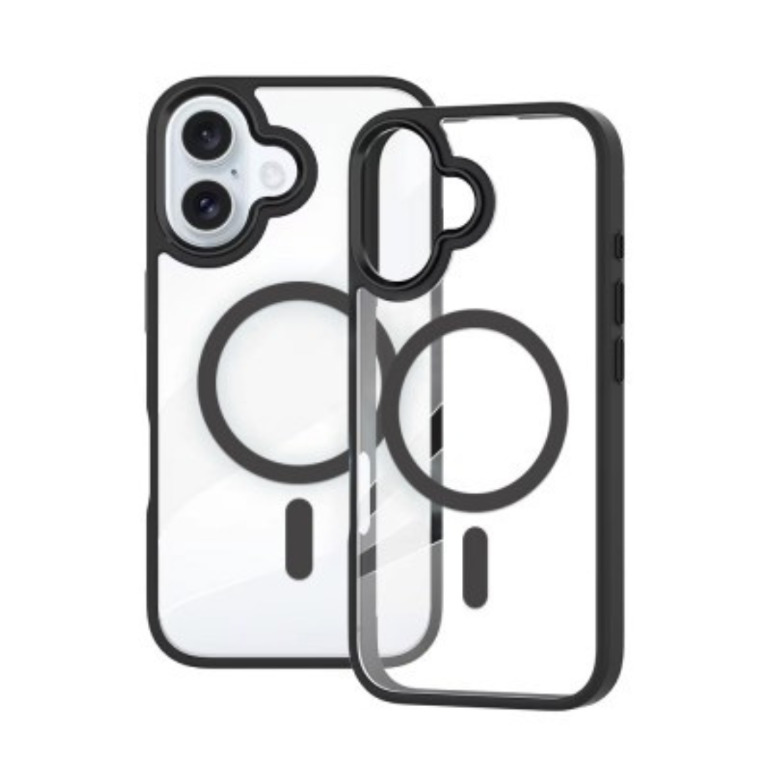 iPhone 16 CompatibliPhone 16 Clear Hard Case Cover with Metal Camera Lens: Magnetic Design, MagSafe Compatibility, Enhanced Camera Screen Guard, Anti-Scratch Protection- Black