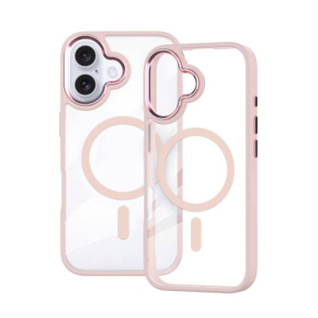 iPhone 16 Clear Hard Case Cover with Metal Camera Lens: Magnetic Design, MagSafe Compatibility, Enhanced Camera Screen Guard, Anti-Scratch Protection - Pink