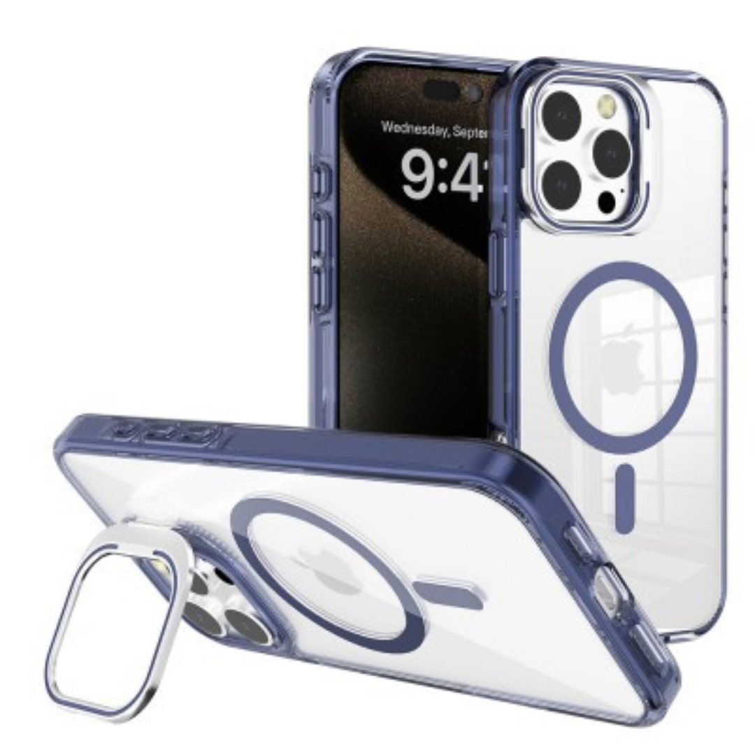 iPhone 16 Pro Max Lens Flip Stand Case Cover: Transparent, Magsafe Compatible, Durable Design - Navy