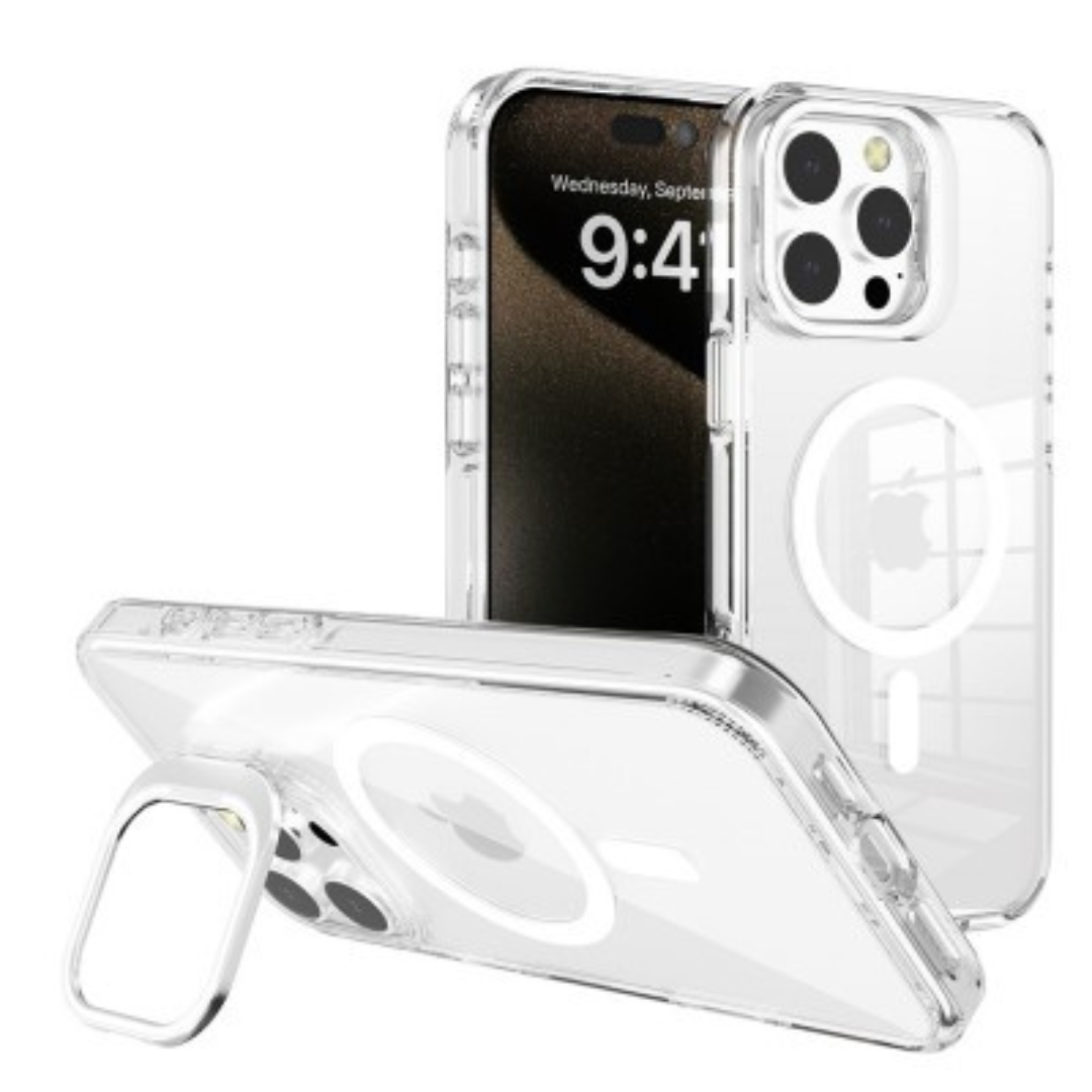 iPhone 16 Pro Max Lens Flip Stand Case Cover: Transparent, Magsafe Compatible, Durable Design - White