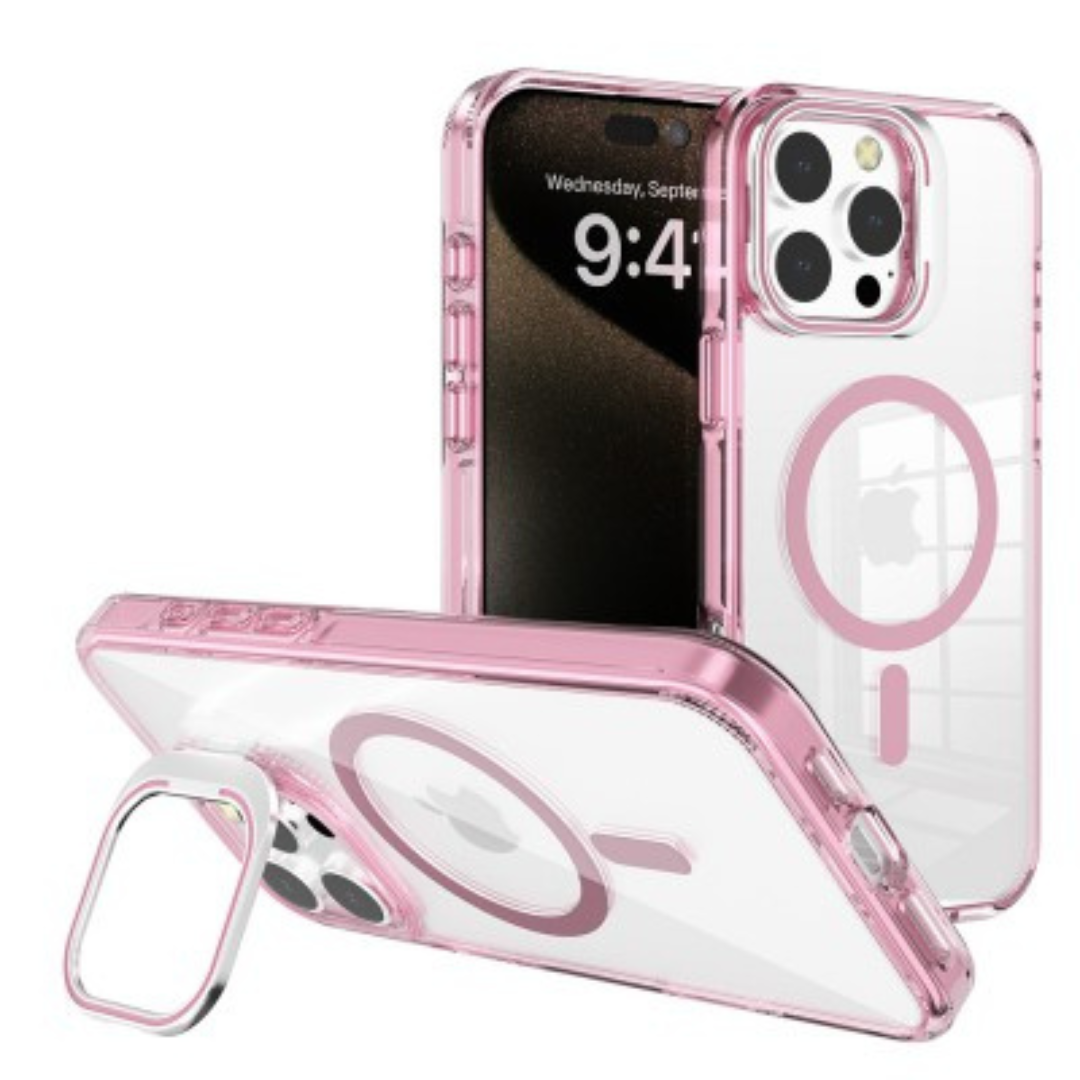 iPhone 16 Pro Max Lens Flip Stand Case Cover: Transparent, Magsafe Compatible, Durable Design - Pink