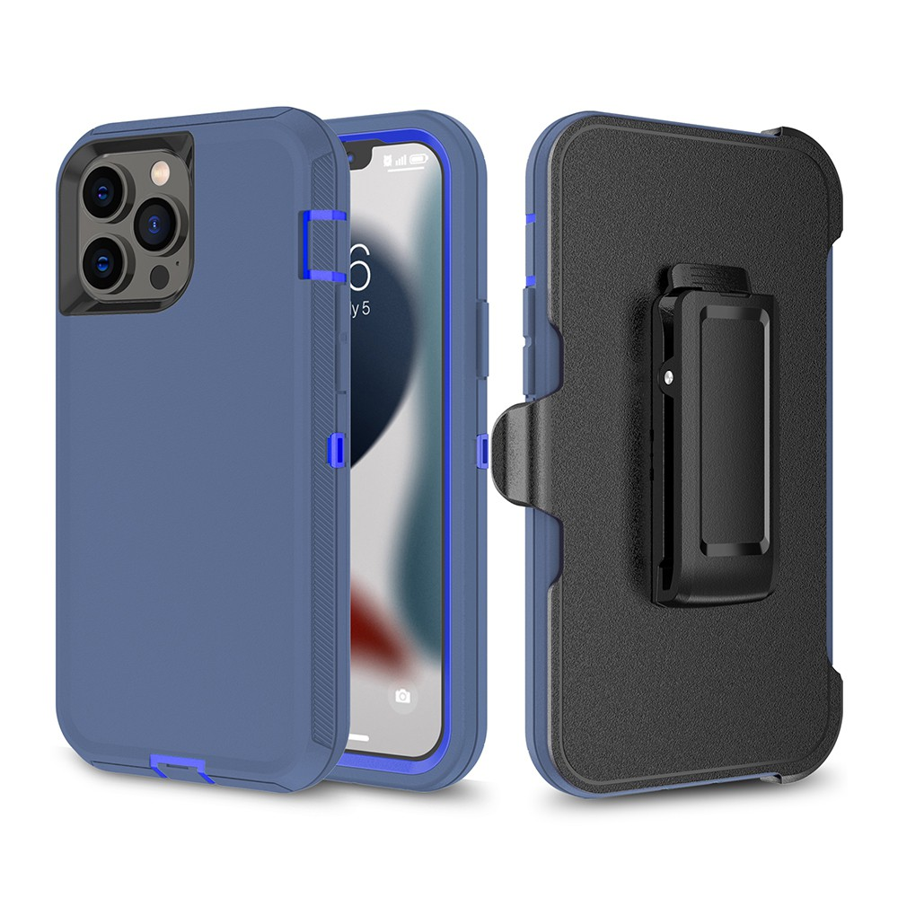 iPhone 13 Pro Max Compatible Case Cover With Belt Clip And Shockproof Robot Armor Hard Plastic - Navy