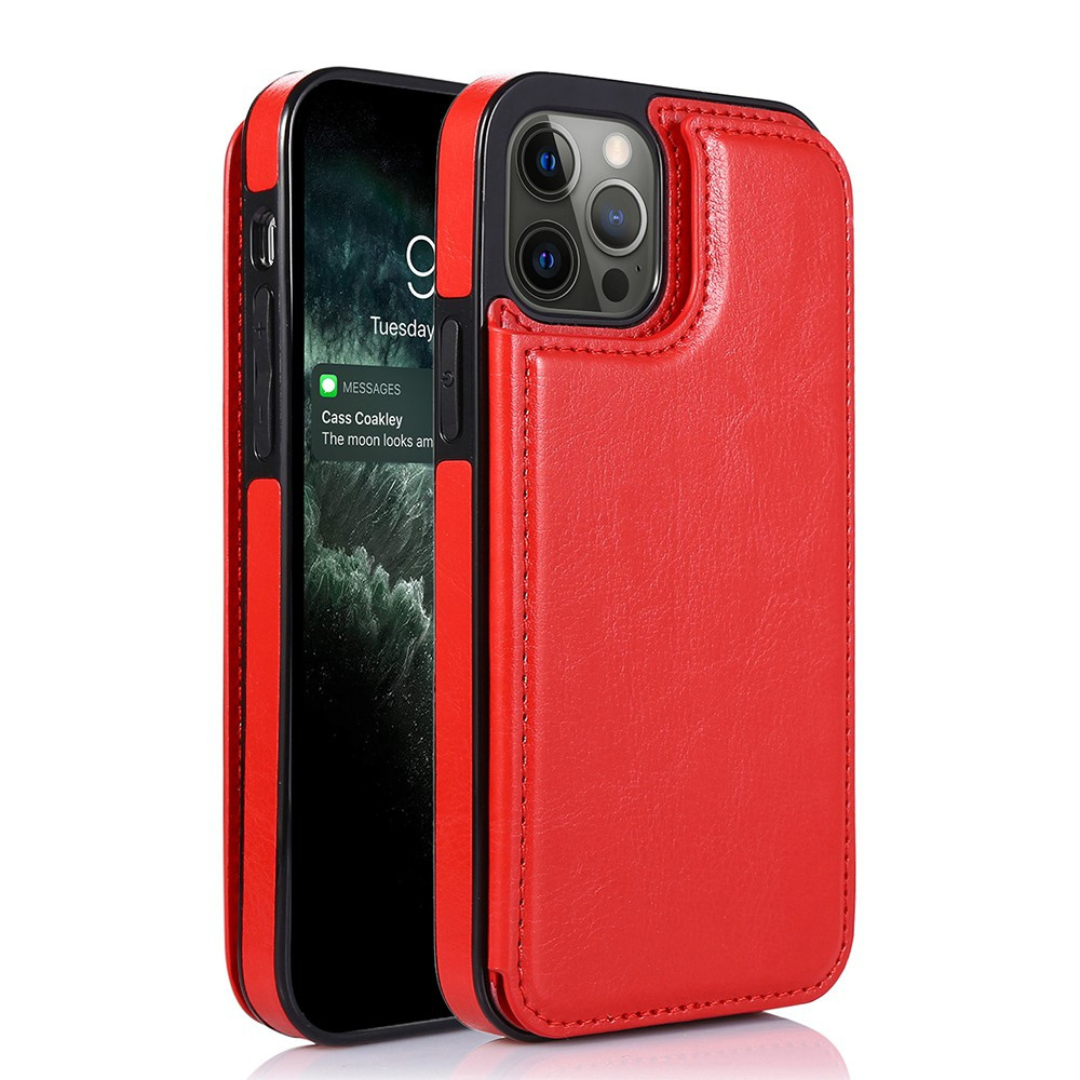 iPhone 16 Plus Compatible Case Cover With Back Flip Leather Wallet - Red