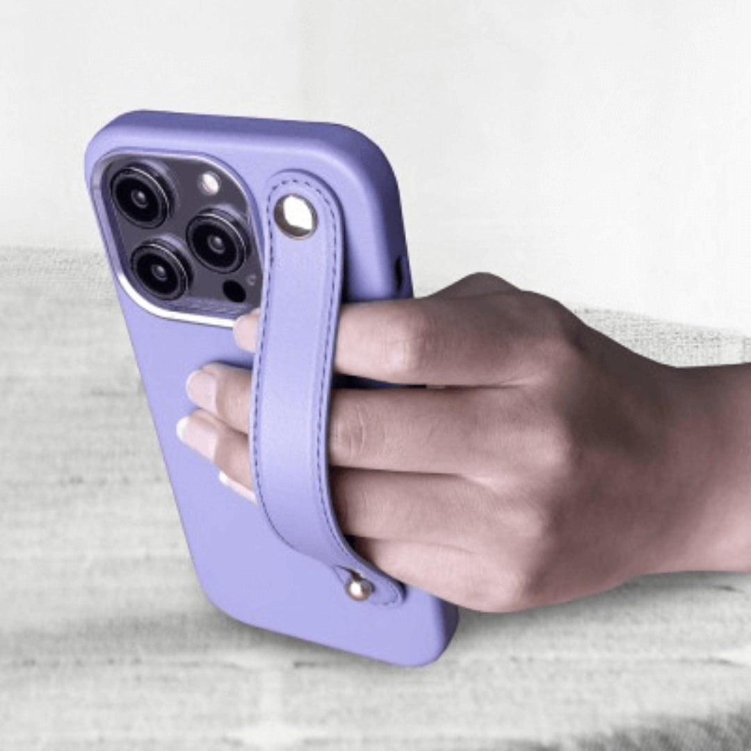 iPhone 14 Compatible Case Cover With Hand Belt And Metal Camera Lens - Purple