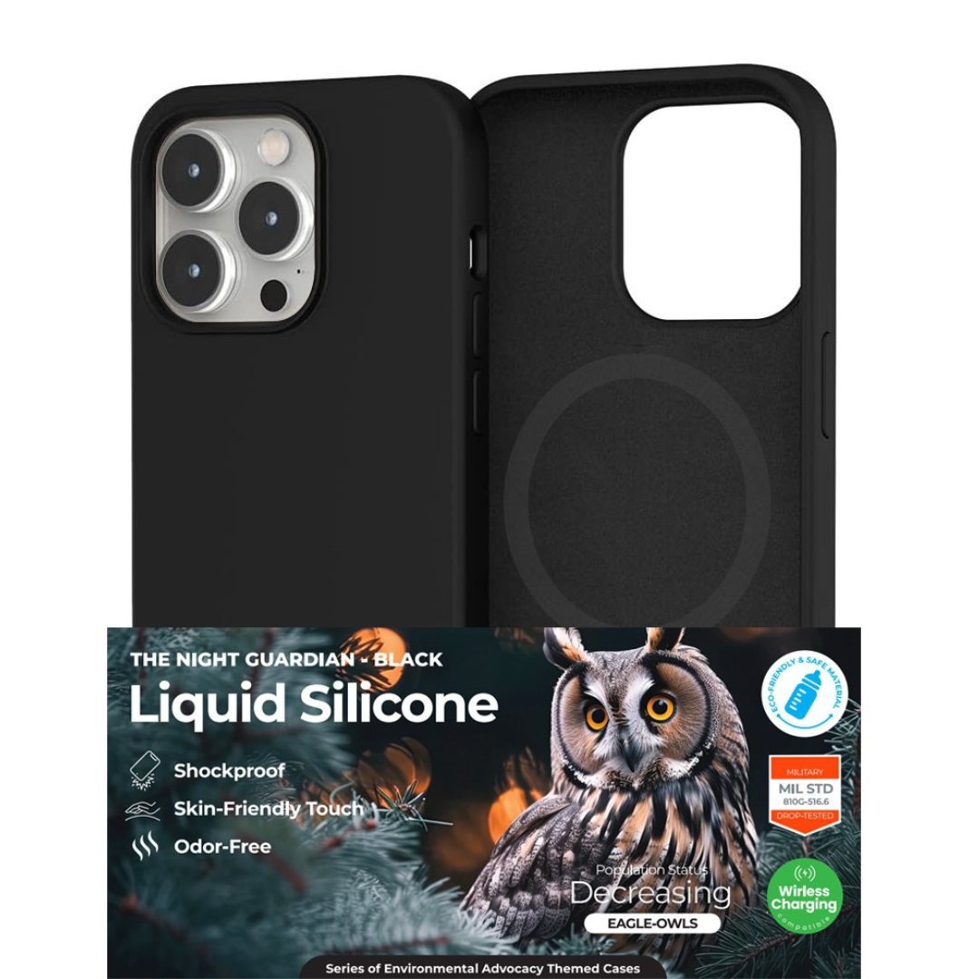 iPhone 16 Pro Max with a soft, impact-resistant liquid silicone case that's stain-proof, MagSafe compatible, and offers reliable drop protection. - Black