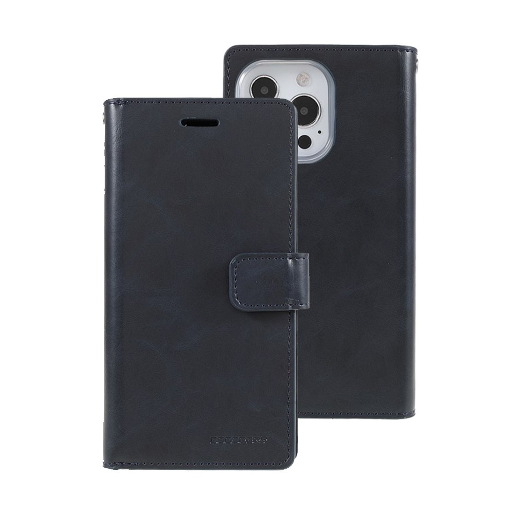 iPhone 15 Pro Flip Wallet Case Cover with Metal Snap-On Fastener - PU Leather & TPU Featuring Front Cover, Multiple Card Holder Slots & Shock Resistance - Navy