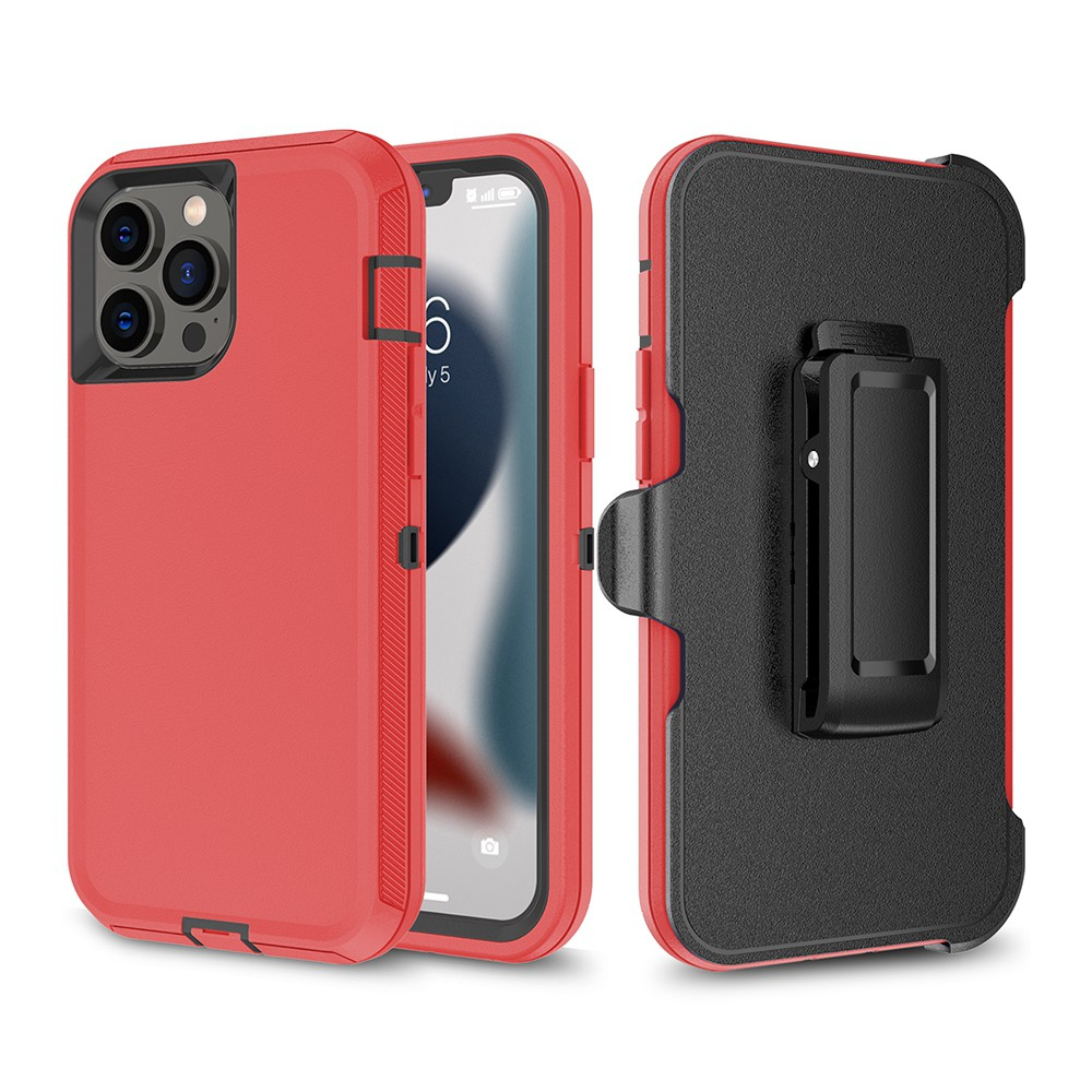 iPhone 13 Pro Max Compatible Case Cover With Belt Clip And Shockproof Robot Armor Hard Plastic - Red