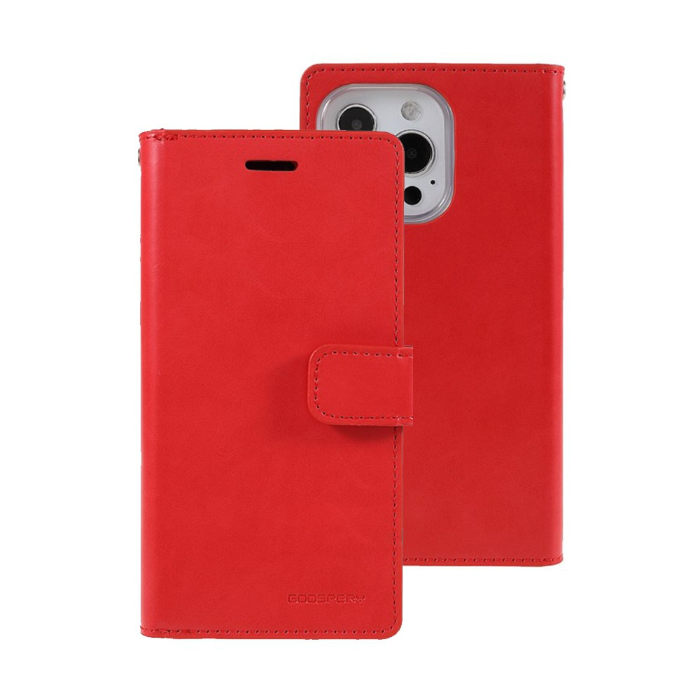 iPhone 15 Pro Flip Wallet Case Cover with Metal Snap-On Fastener - PU Leather & TPU Featuring Front Cover, Multiple Card Holder Slots & Shock Resistance - Red