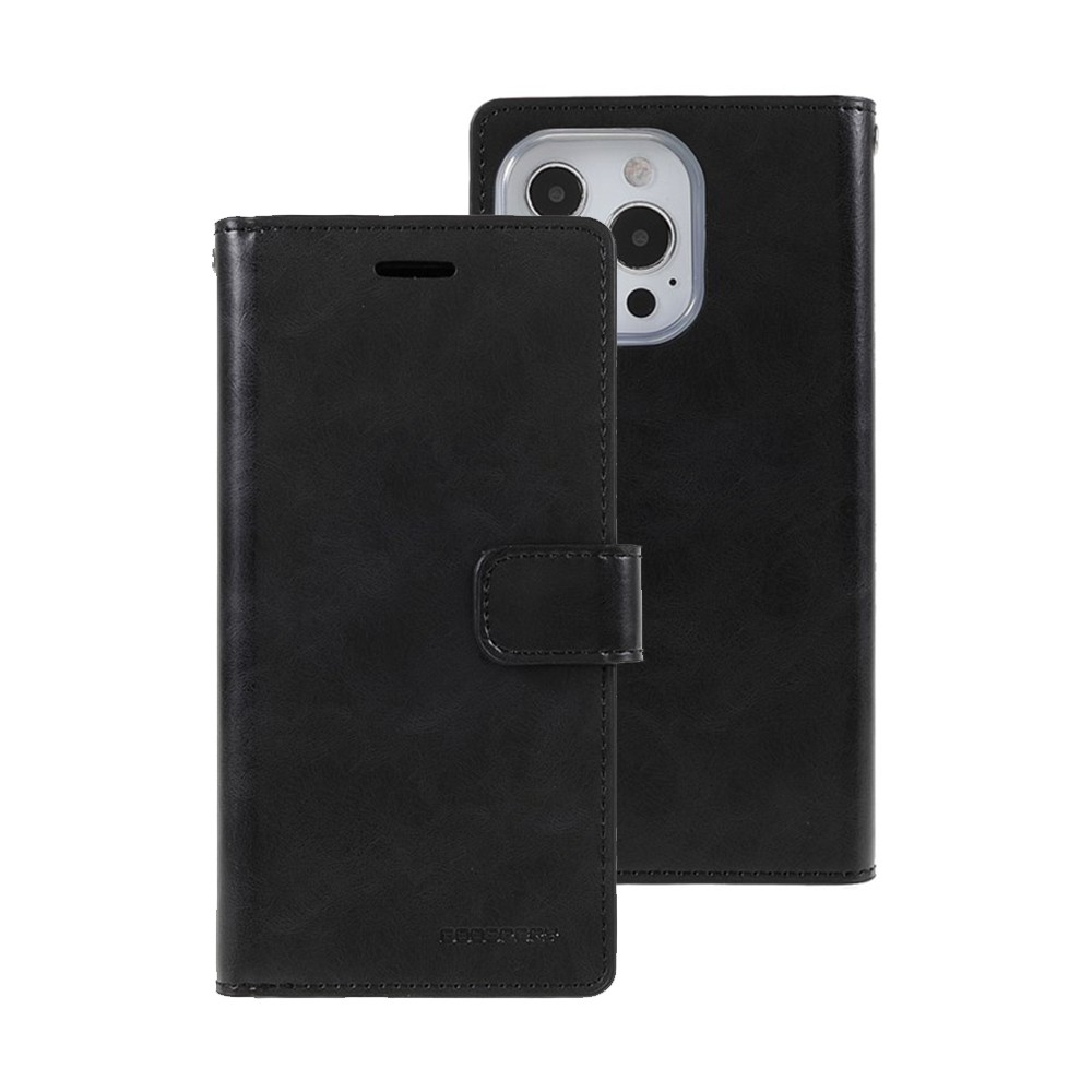 iPhone 15 Pro Flip Wallet Case Cover with Metal Snap-On Fastener - PU Leather & TPU Featuring Front Cover, Multiple Card Holder Slots & Shock Resistance - Black