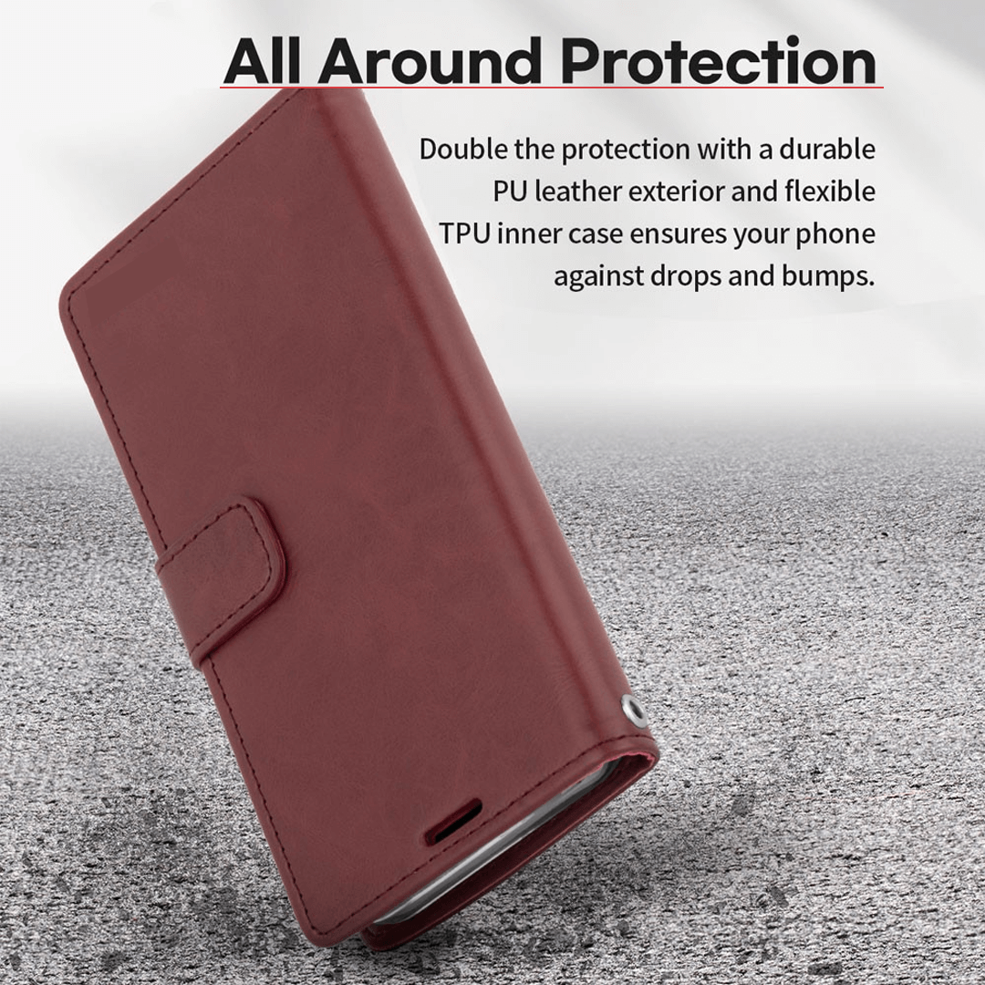 iPhone 15 Plus High-Quality Leather Flip Wallet Case Cover - Shock-Resistant with Front Cover, Multiple Card Slots, Magnetic Closure and Media Stand Convertible - Brown