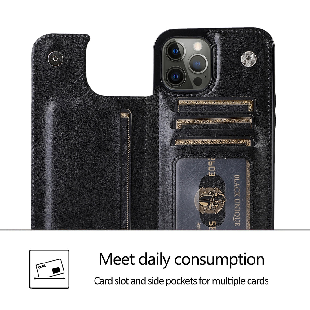 Back Flip Leather Wallet Cover Case for iPhone 13 Pro - Black