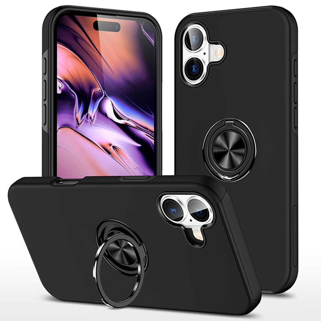 iPhone 16 Plus Comprehensive Protection Case Cover with Magnetic Ring Holder: Anti-Shock, Anti-Falling - Black
