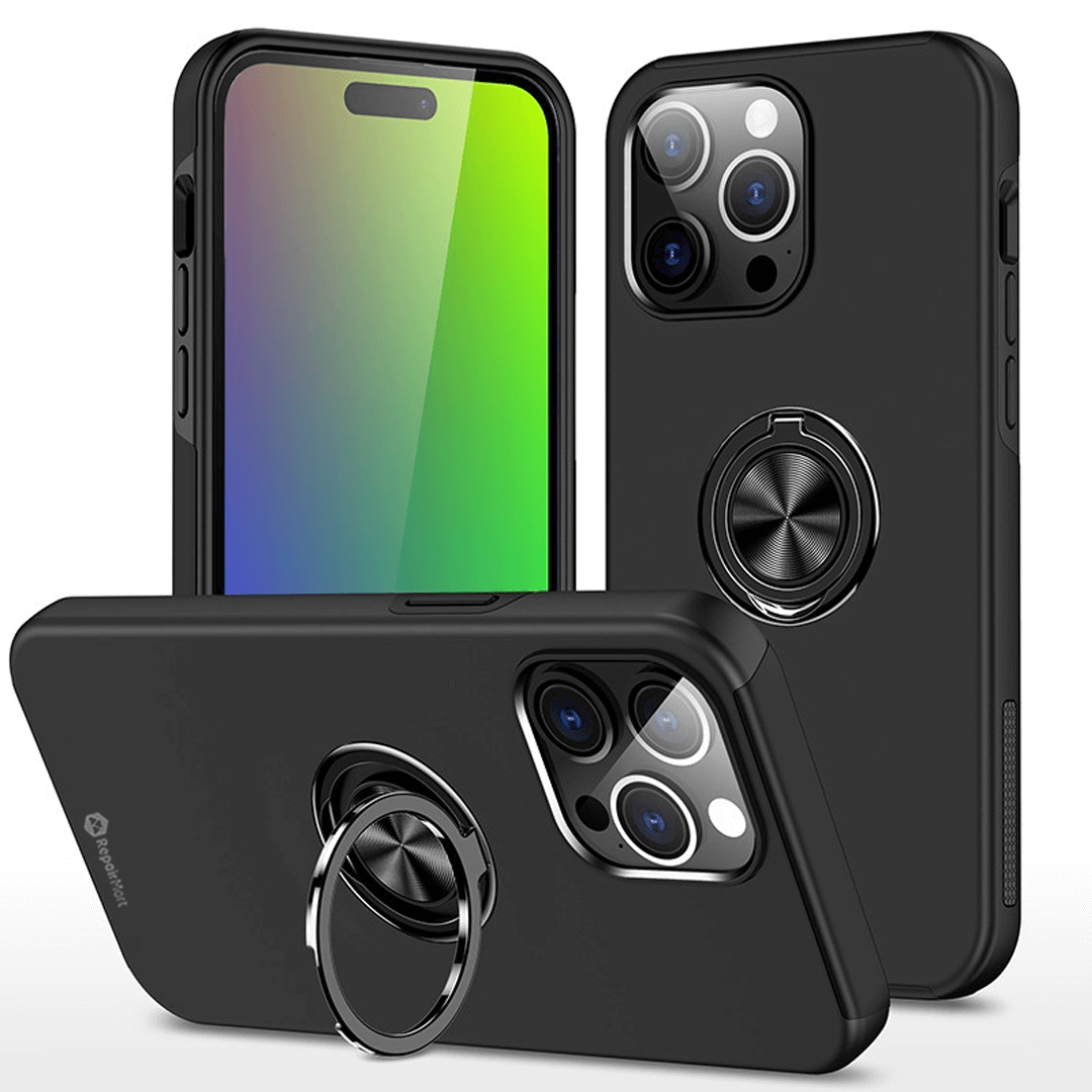 iPhone 15 Plus Compatible Case Cover With Shockproof Magnetic Ring Holder - Black