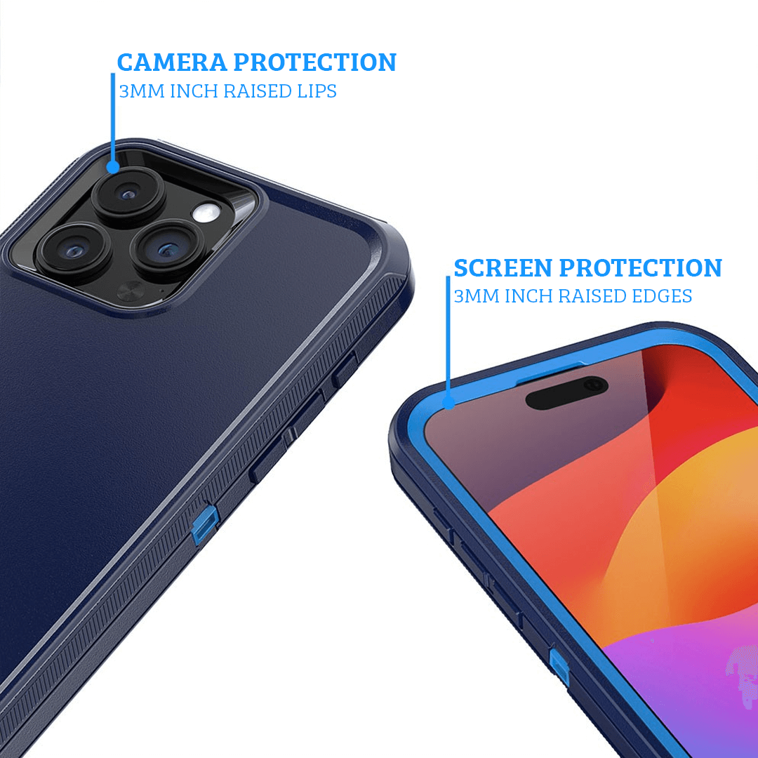 iPhone 15 Plus Rugged Armour Case Cover with 360° Rotation, Belt Clip, and Kickstand - Tough and Shockproof Protection - Navy