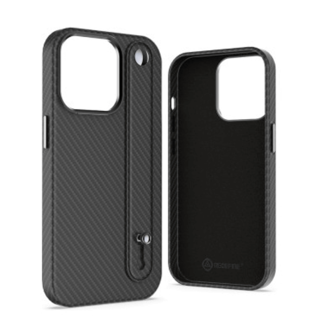   iPhone 14 Plus Compatible Case Cover With Hand Belt And Metal Camera Lens - Carbon Fiber